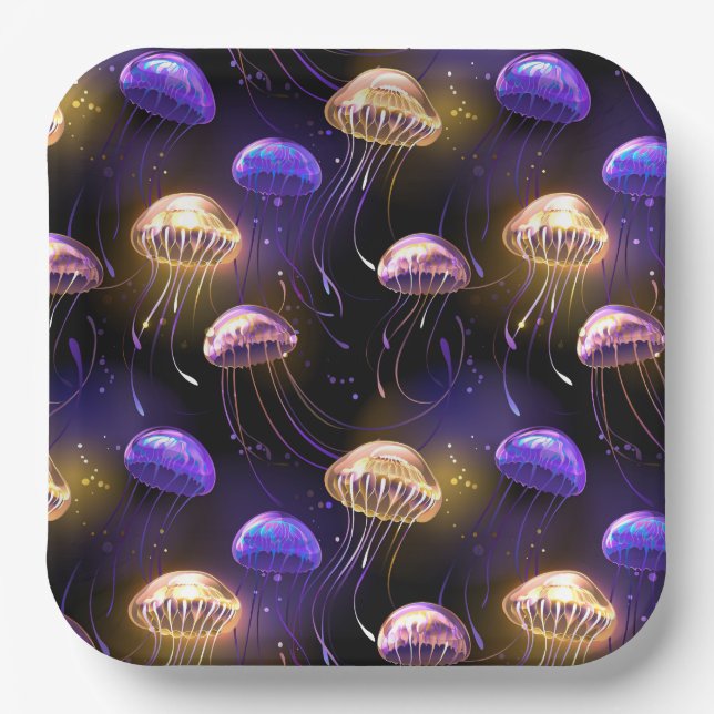 Seamless with glowing jellyfish paper plates (Front)