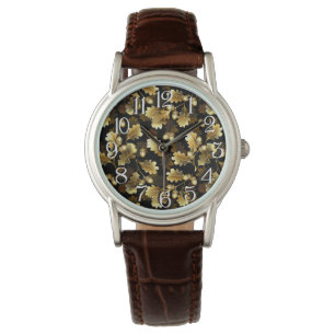Seamless with golden oak branches on black watch