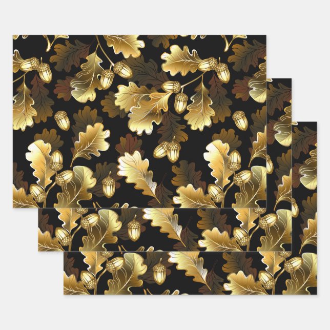 Seamless with golden oak branches on black wrapping paper sheets (Set)