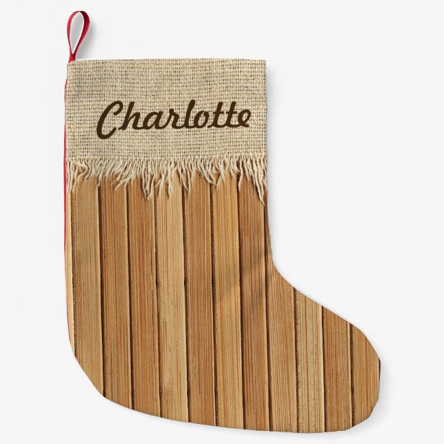 Seamless Wood Pattern & Burlap Texture Custom Name Small Christmas Stocking (Front)