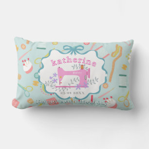 Seamstress 50th Birthday Sewing Machine Blue Lumbar Pillow