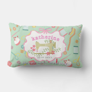 Seamstress 50th Birthday Sewing Machine Teal Pink Lumbar Pillow