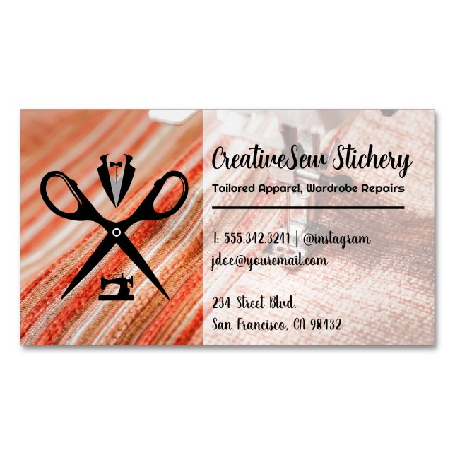 Seamstress Logo | Sewn Fabric Business Card Magnet (Front)