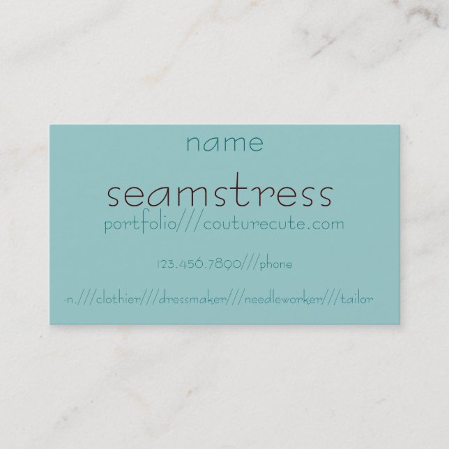 seamstress, -n.///clothier///dressmaker///needl... business card (Front)
