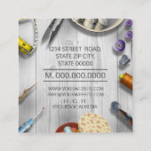 Seamstress or Tailor desk Hand sewn Square Busines Square Business Card (Back)