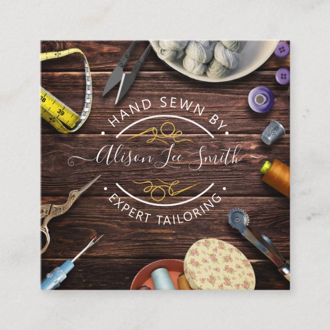 Seamstress or Tailor desk Hand sewn Square Busines Square Business Card (Front)