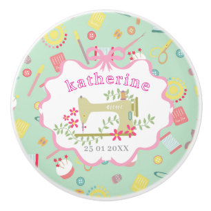 Seamstress Sewing Machine Teal Pink Ceramic Knob