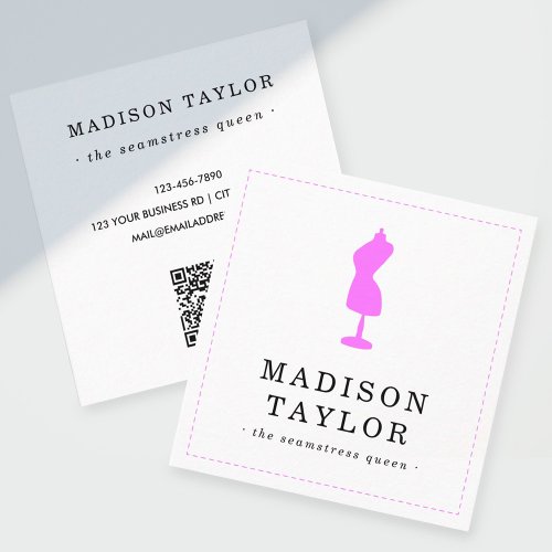 Seamstress Tailor  Pink Mannequin QR Code White Square Business Card