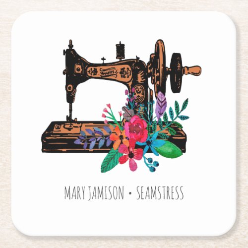 Seamstress Tailor Vintage Sewing Machine Floral Sq Square Paper Coaster