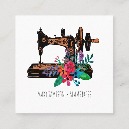 Seamstress Tailor Vintage Sewing Machine Floral Square Business Card