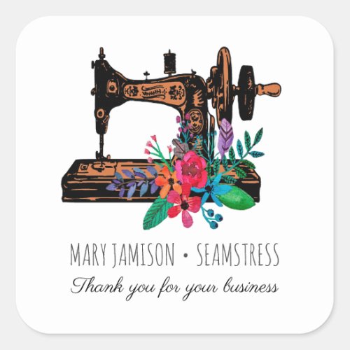 Seamstress Tailor Vintage Sewing Machine Floral Square Sticker