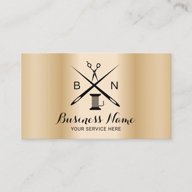 Seamstress Thread & Needles Modern Gold Sewing Business Card (Front)