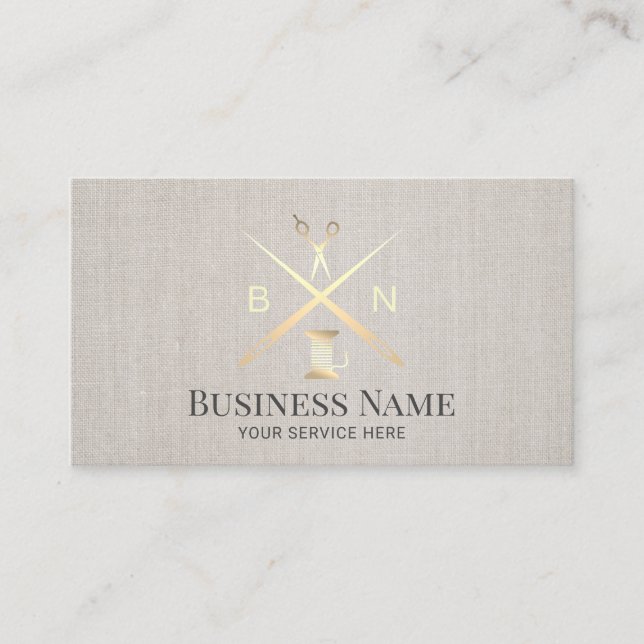 Seamstress Thread & Needles Sewing Elegant Linen Business Card (Front)