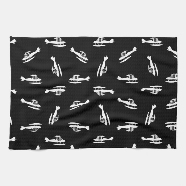 Seaplane Airplane Silhouettes Print Pattern Design Kitchen Towel (Horizontal)