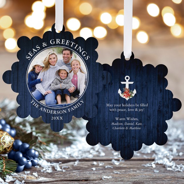 Seas and Greetings Anchor Blue Wood Print Ornament Card (A greeting card that is also an ornament! Customize with your photo and personalized text.)