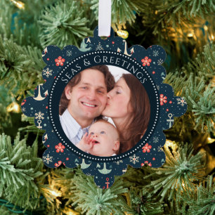 Seas and Greetings Anchor Family Photo  Ornament Card