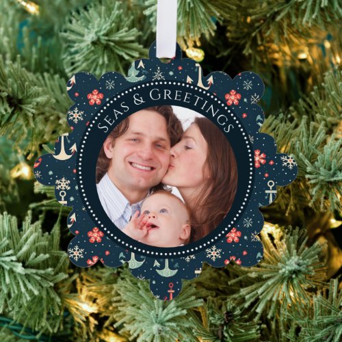 Seas and Greetings Anchor Family Photo  Ornament Card