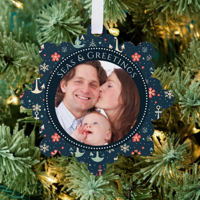 Seas and Greetings Anchor Family Photo  Ornament Card (Insitu (Tree))