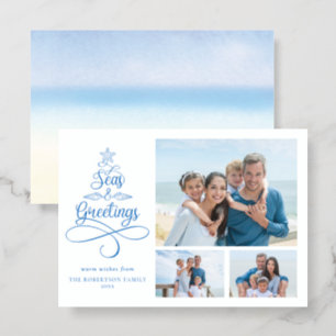 Seas and Greetings Beach 3 Photo Christmas Letterpress Photo Cards