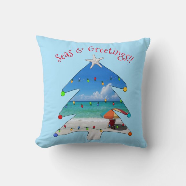 Seas and Greetings Beach Christmas Tree Throw Pillow (Front)