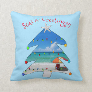 Seas and Greetings Beach Christmas Tree Throw Pillow
