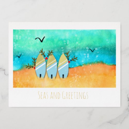 Seas and Greetings Beach Christmas with Rudolph  Foil Holiday Postcard