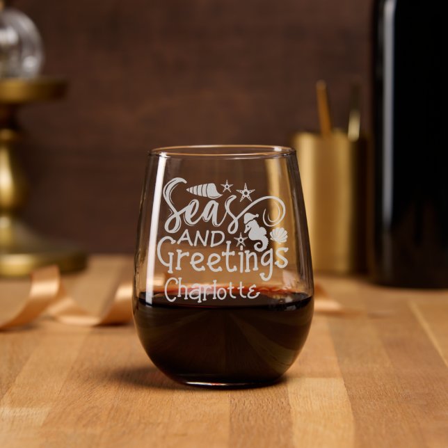 Seas And Greetings Beach Summer Christmas Custom Stemless Wine Glass (Party)