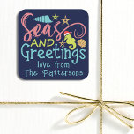 Seas And Greetings Beach Summer Christmas Square Sticker<br><div class="desc">Seas And Greetings Beach Summer Christmas Square Stickers features the text "Seas and Greetings" in modern calligraphy script typography accented with a festive seahorse and seashells with your personalized name. Created by Evco Studio www.zazzle.com/store/evcostudio</div>