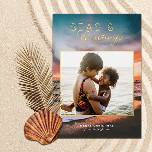 Seas and Greetings Beach Sunset Painting Photo Foil Holiday Card