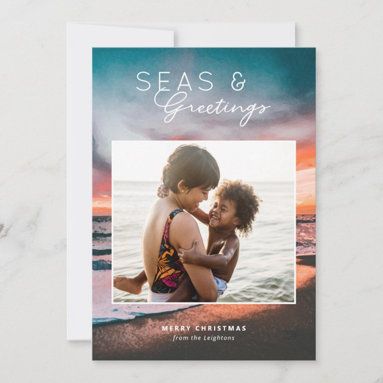 Seas and Greetings Beach Sunset Painting Photo Holiday Card