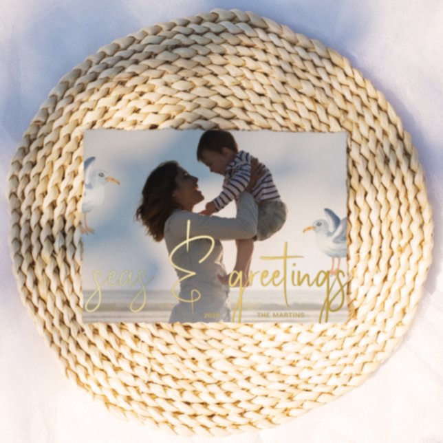 Seas and Greetings Beach Theme Photo Sand Foil Holiday Card (Creator Uploaded)