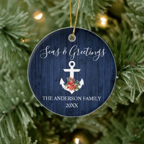 Seas and Greetings Blue Wood Poinsettia Anchor Ceramic Ornament