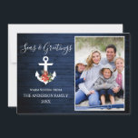 Seas and Greetings Blue Wood Poinsettia Anchor  Holiday Card<br><div class="desc">Modern Calligraphy Script Nautical Seas & Greetings Photo Holiday Card. Anchor topped with Watercolor Floral including red poinsettias,  pine cones and other beautiful winter greenery. Blue Wood Print.</div>