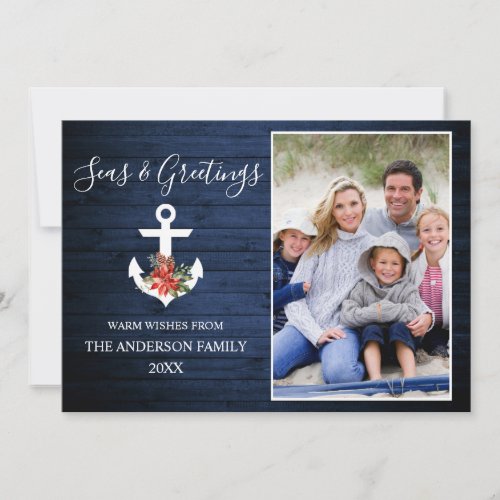 Seas and Greetings Blue Wood Poinsettia Anchor  Holiday Card