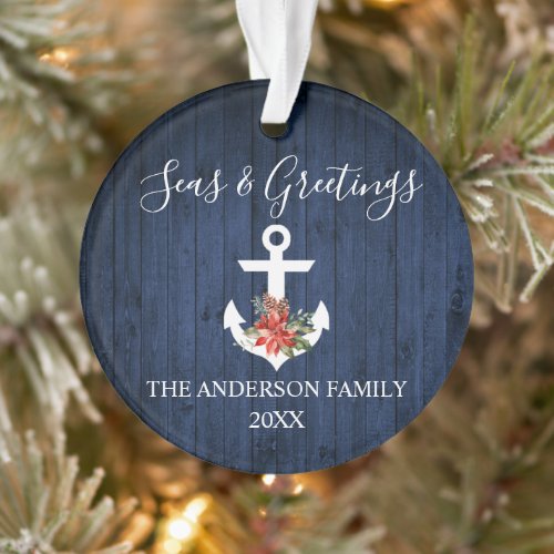 Seas and Greetings Blue Wood Poinsettia Anchor Ornament