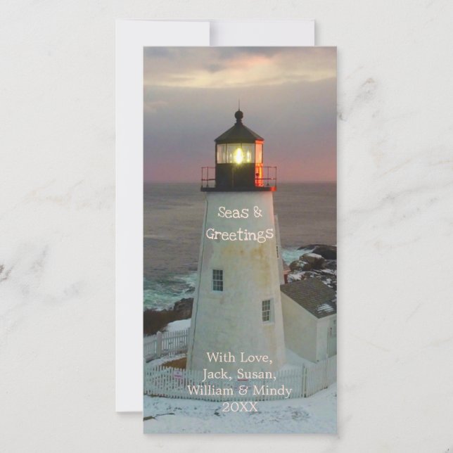 Seas and Greetings Blush Christmas Lighthouse Holiday Card (Front)