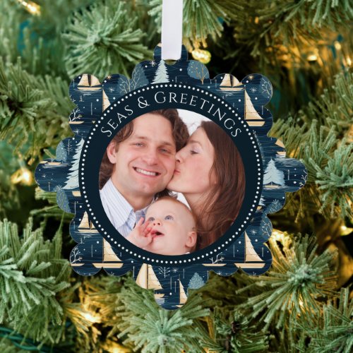 Seas and Greetings Boats Family Photo  Ornament Card