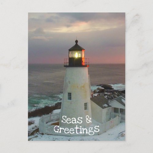 Seas and Greetings Christmas Lighthouse Postcard