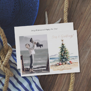 Seas and Greetings Christmas Tree on Beach  Foil Holiday Card