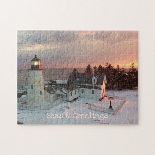 Seas and Greetings Coastal Christmas Lighthouse Jigsaw Puzzle