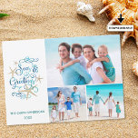 SEAS AND GREETINGS Coastal Christmas Photo Collage Holiday Card<br><div class="desc">Fun coastal Christmas greeting SEAS AND GREETINGS in an elegant script typography design in aqua turquoise watercolor with starfish accents and three photos. ASSISTANCE:  Contact the designer via Zazzle Chat or makeitaboutyoustore@gmail.com if you'd like this design modified or on another product.</div>