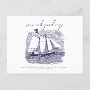 Seas and Greetings Coastal Sailboat Christmas Card