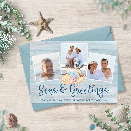 Seas and Greetings Coastal Wood Photo Holiday Card
