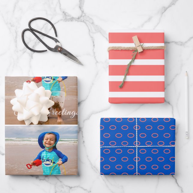 Seas and Greetings Costal Blue Coral Photo Wrapping Paper Sheets (Front)