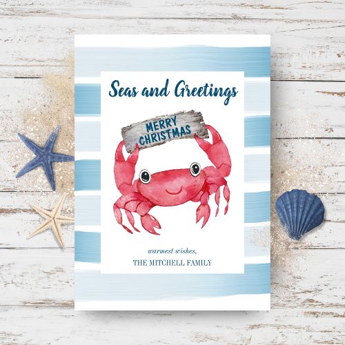 Seas and Greetings Cute Crab Coastal Christmas Holiday Card