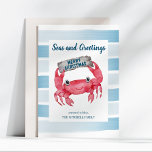 Seas and Greetings Cute Crab Coastal Christmas Holiday Card<br><div class="desc">Send your "Seas and Greetings" with this cute coastal Christmas card featuring a watercolor crab holding a driftwood sign that says "Merry Christmas",  framed by hand-painted,  nautical blue and white stripes. Reverse side is nautical navy blue. Art by KL Stock.</div>