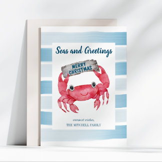 Seas and Greetings Cute Crab Coastal Christmas Holiday Card