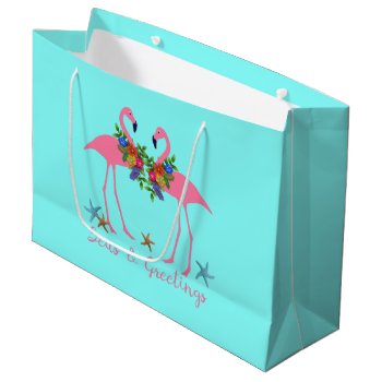 Seas And Greetings Flamingo Couple Aqua Large Gift Bag by holiday_store at Zazzle