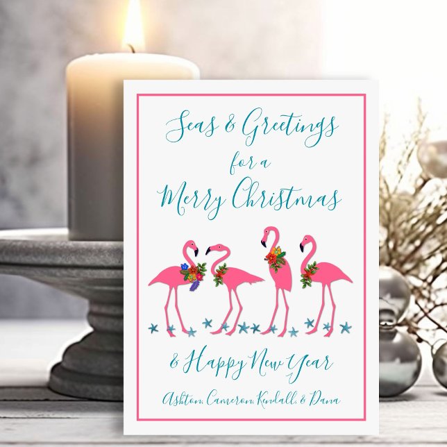 Seas and Greetings Flamingos Christmas Flat Card (Creator Uploaded)