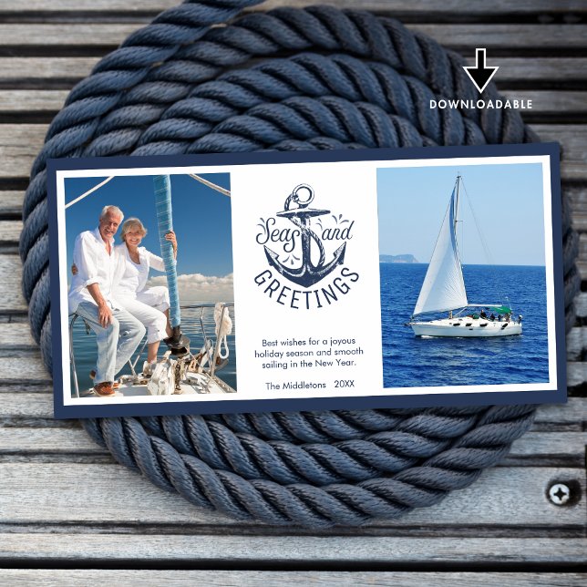 SEAS AND GREETINGS Nautical Christmas Photo Anchor Holiday Card (Creator Uploaded)